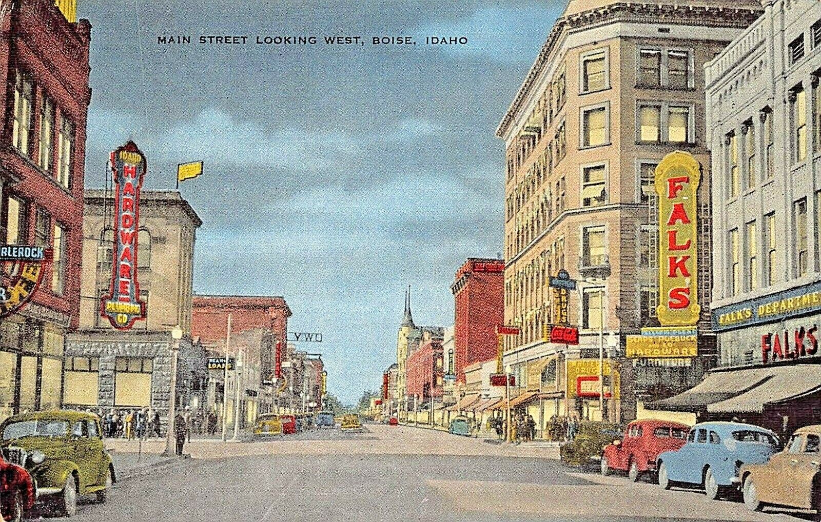 Boise Idaho~main Street Looking West-storefronts-signs-cars-coca~1940s Postcard